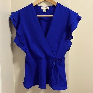 Professional Royal Blue top with synched waist, overlapping V neck and bow!